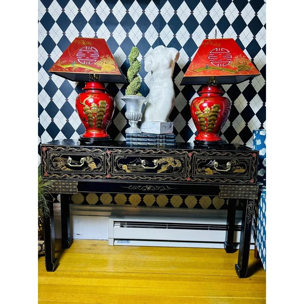 Pair Large Chinese Chinoiserie Red Lacquer Lamps Pagoda Shades Hollywood Regency